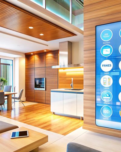 Modern living room interior with smart home control panel.